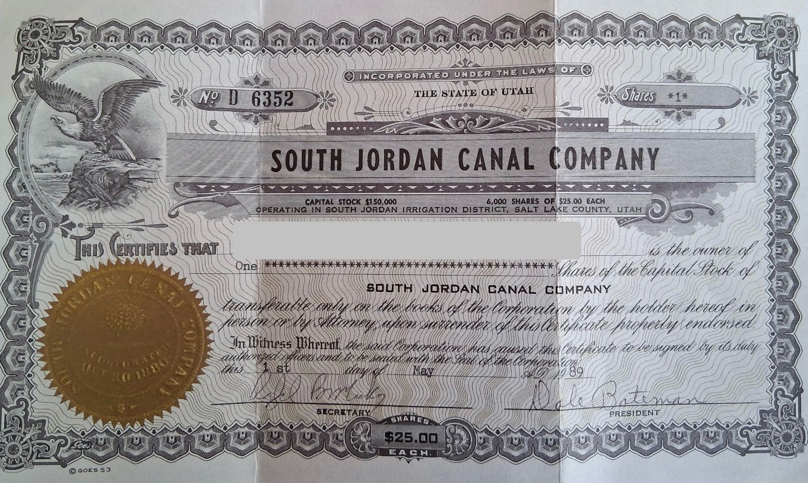 South Jordan Canal Company Share for Sale