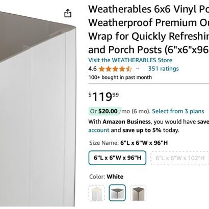 Vinyl Post Wrap White 6x6x96 Weatherables