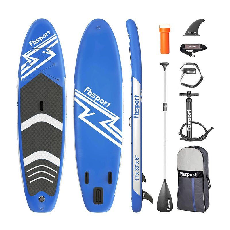 Fbsport 11'x33"x6" inflatable stand up paddle board (SUP) with paddle, pump, fin, and carry bag.