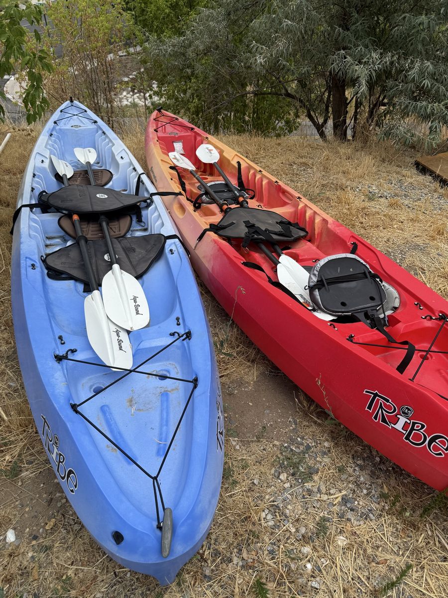 2  Kayaks Tribe 13.5' Two-Person Sit-on-Top Kayak with Paddles - Red & Blue Set