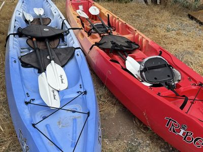 2 Kayaks Tribe 13.5' Two-Person Sit-on-Top Kayak with Paddles - Red & Blue Set