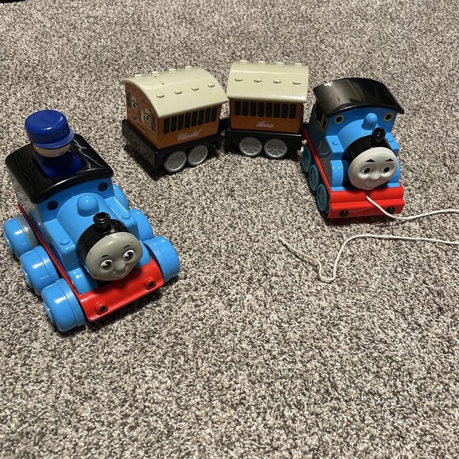 Vintage Thomas the Tank Engine with Annie and Clarabelle pull  toy.  Vintage Thomas push  and go train.