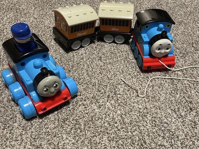 Vintage Thomas the Tank Engine with Annie and Clarabelle pull toy. Vintage Thomas push and go train.