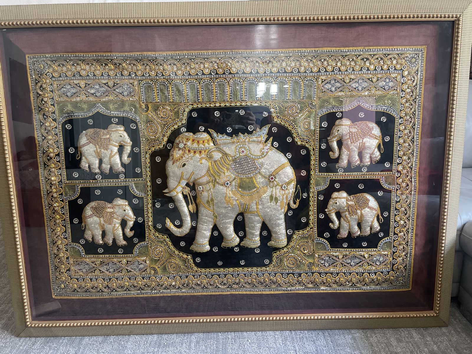 Framed Thai Embroidered Elephant Tapestry Art
