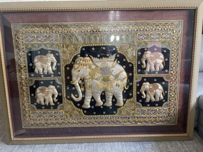 Framed Thai Embroidered Elephant Tapestry Art