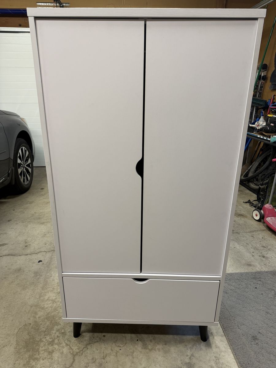 Modern White Armoire Wardrobe with Drawer & Hanging Rack - 58" Tall, Versatile Storage