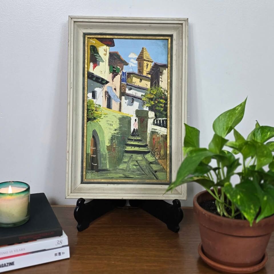 Mid Century Framed Street Scene Painting – Vintage Wall Art – 13x19