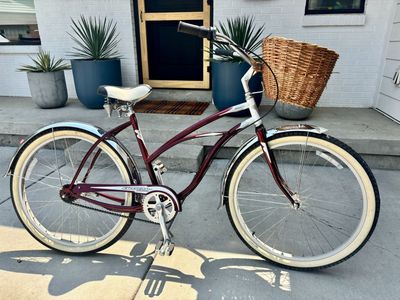 Electra Deluxe Women's Beach Cruiser Bicycle - Burgundy with Front Wicker Basket