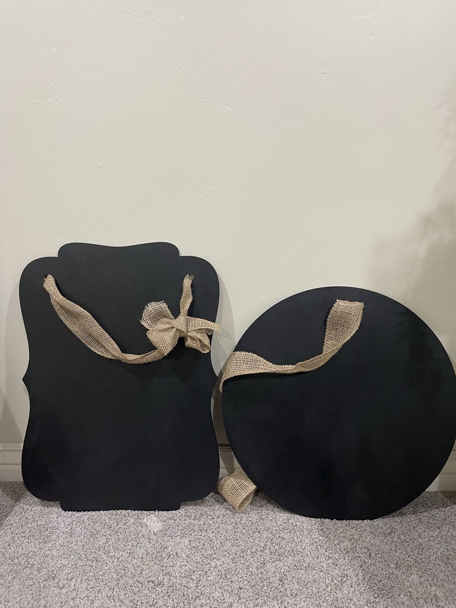 Decorative Chalkboard Signs - 1 Scalloped & 1 Round with Burlap Ribbon Accents
