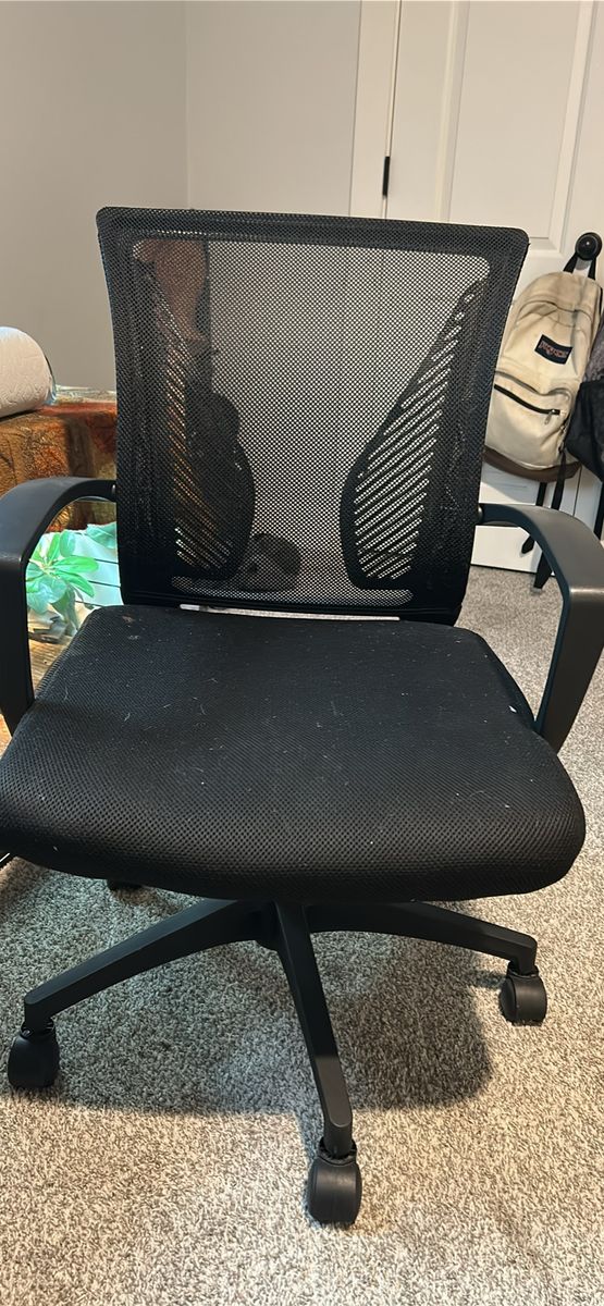 office chair and white tv stand