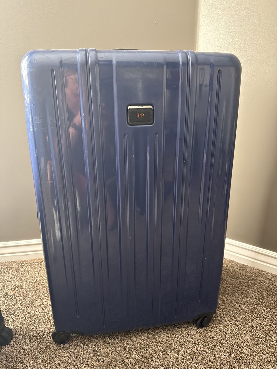 TUMI Navy Blue Hardshell Check-in Luggage Spinner Suitcase with Monogrammed Tag