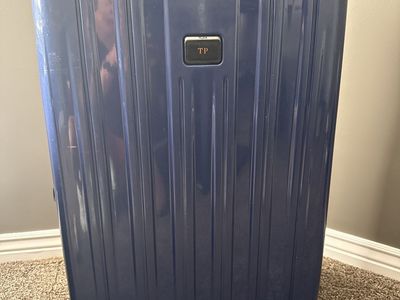 TUMI Navy Blue Hardshell Check-in Luggage Spinner Suitcase with Monogrammed Tag