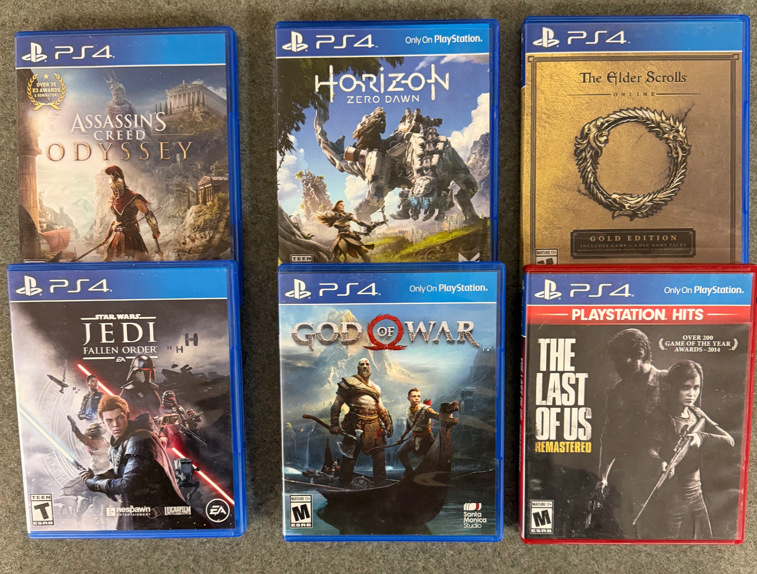 PS4 Video Games. God of War, Horizon Zero Dawn, The last of Us, Jedi Fallen Order