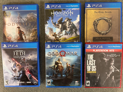 PS4 Video Games. God of War, Horizon Zero Dawn, The last of Us, Jedi Fallen Order