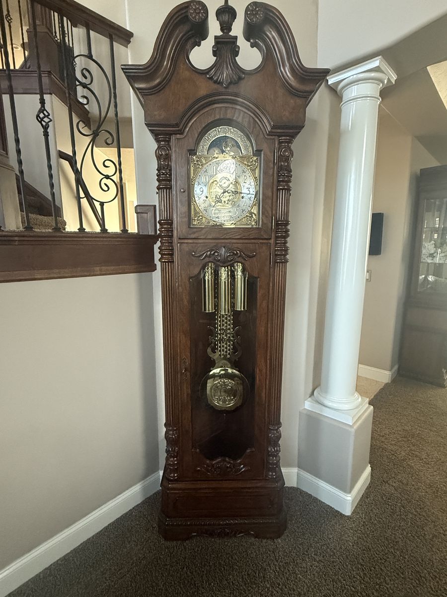 Sligh Grandfather Clock 0838-1-LH Holland, MI - Ornate Carved Wood, Brass Dial & Pendulum