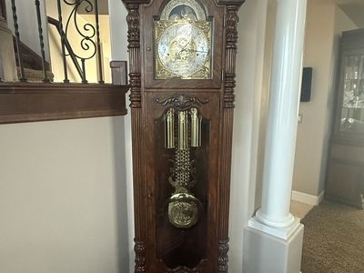 Sligh Grandfather Clock 0838-1-LH Holland, MI - Ornate Carved Wood, Brass Dial & Pendulum