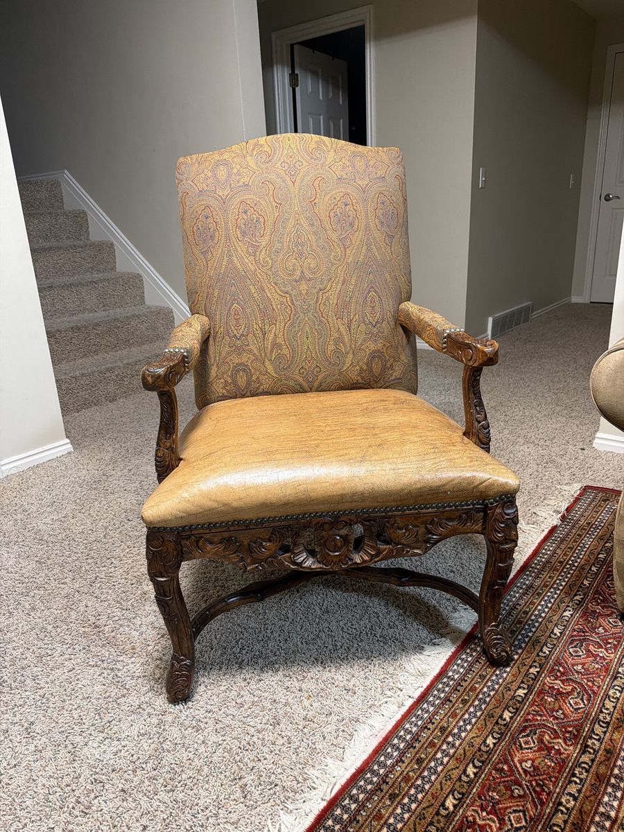 Vintage Carved Wood Armchair with Paisley Upholstery and Leather Seat