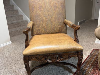 Vintage Carved Wood Armchair with Paisley Upholstery and Leather Seat