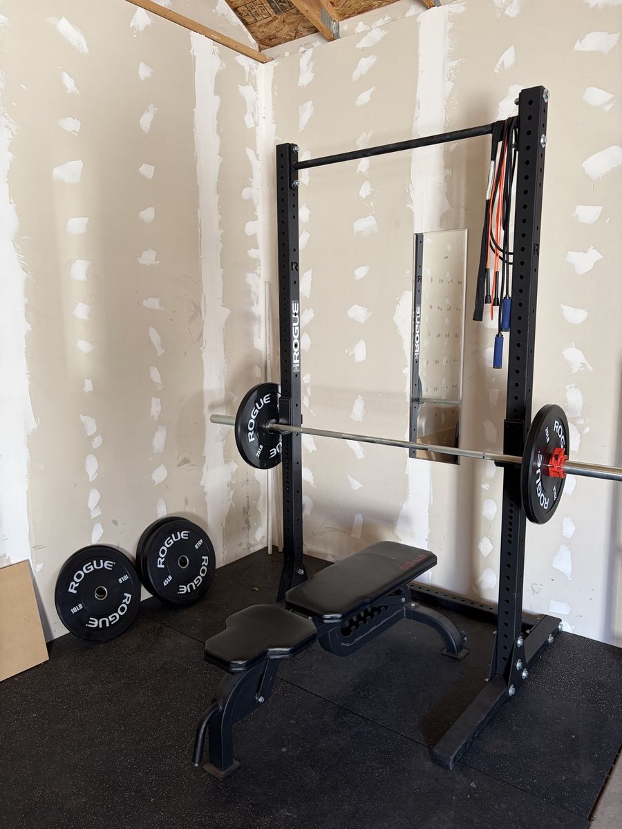 Squat Rack, Weight Plates, Bar, and Bench