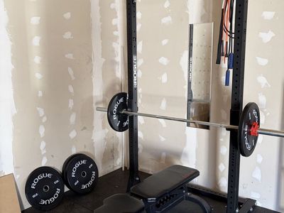Squat Rack, Weight Plates, Bar, and Bench
