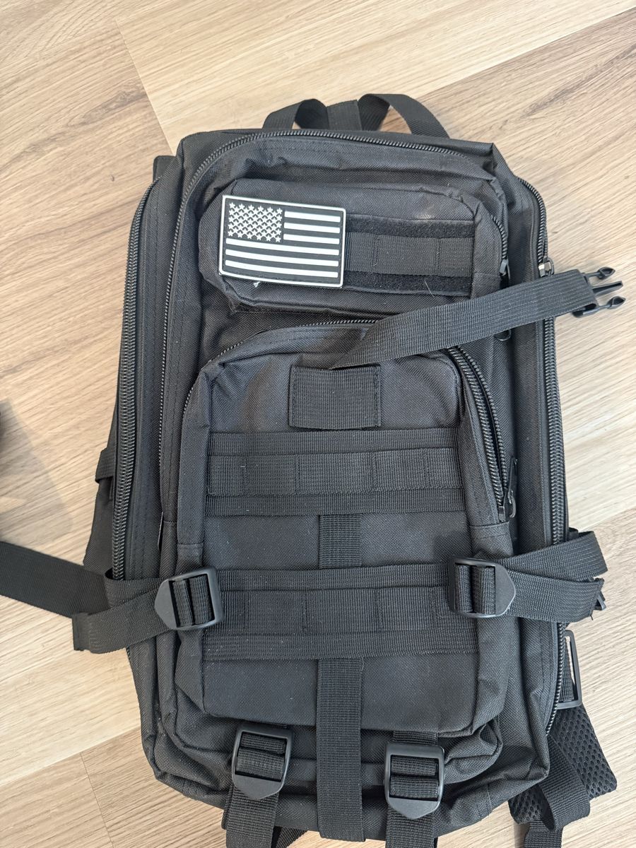 Tactical Military Backpack, Black, Multi-Compartment with MOLLE System & American Flag Patch