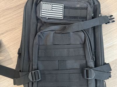 Tactical Military Backpack, Black, Multi-Compartment with MOLLE System & American Flag Patch