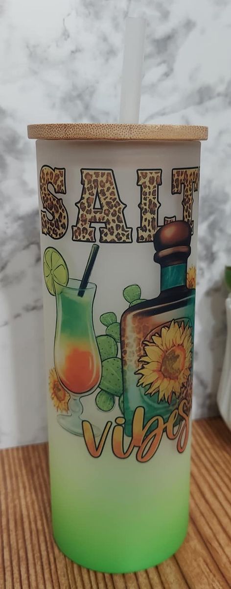 Salt Vibes Sublimated Glass Tumbler with Bamboo Lid & Straw - Fun Sunflower Tequila Design