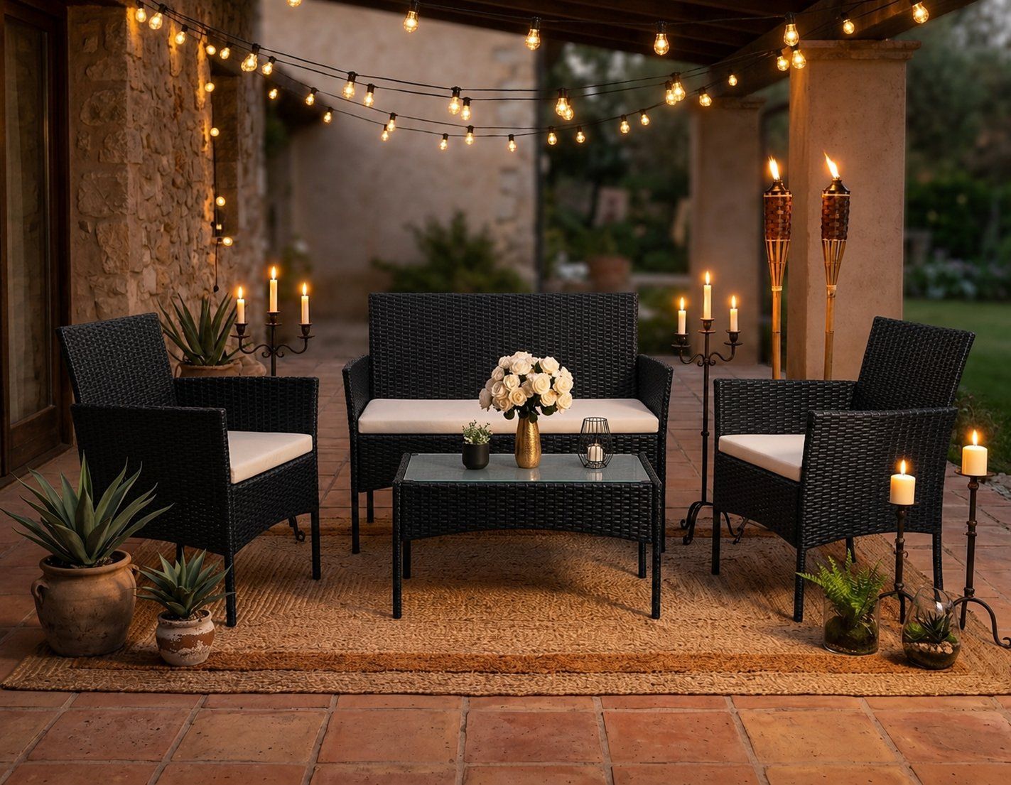 Outdoor Patio Wicker Furniture Set, Black with Beige Cushions