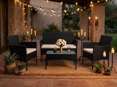 Outdoor Patio Wicker Furniture Set, Black with Beige Cushions
