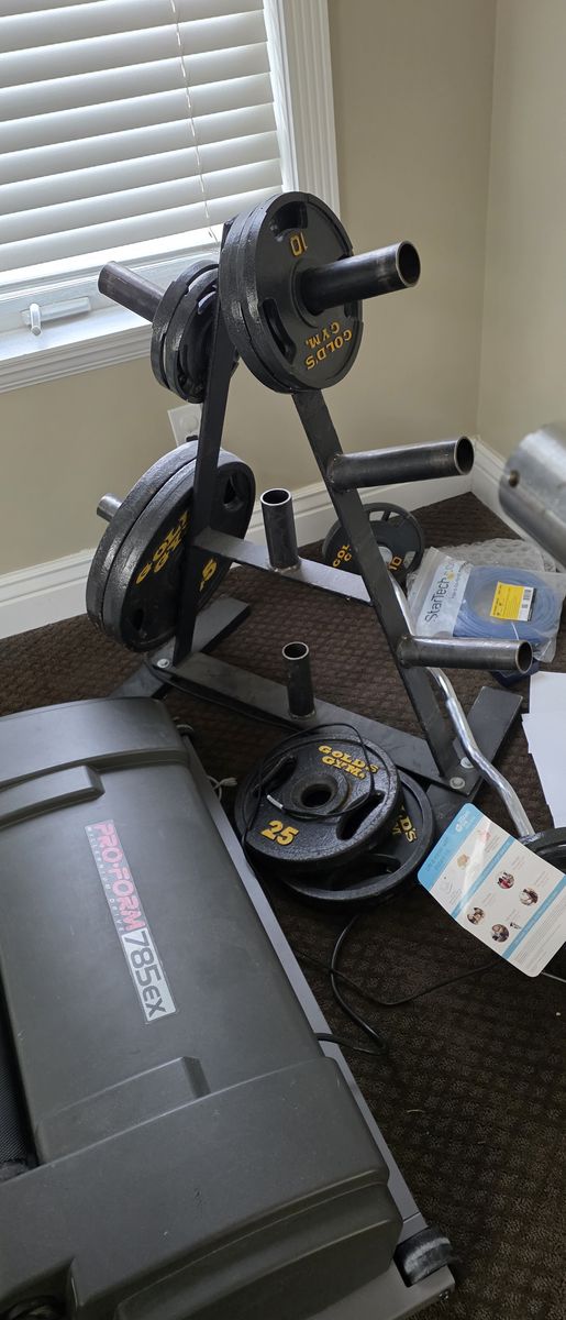 rack, bars and weights