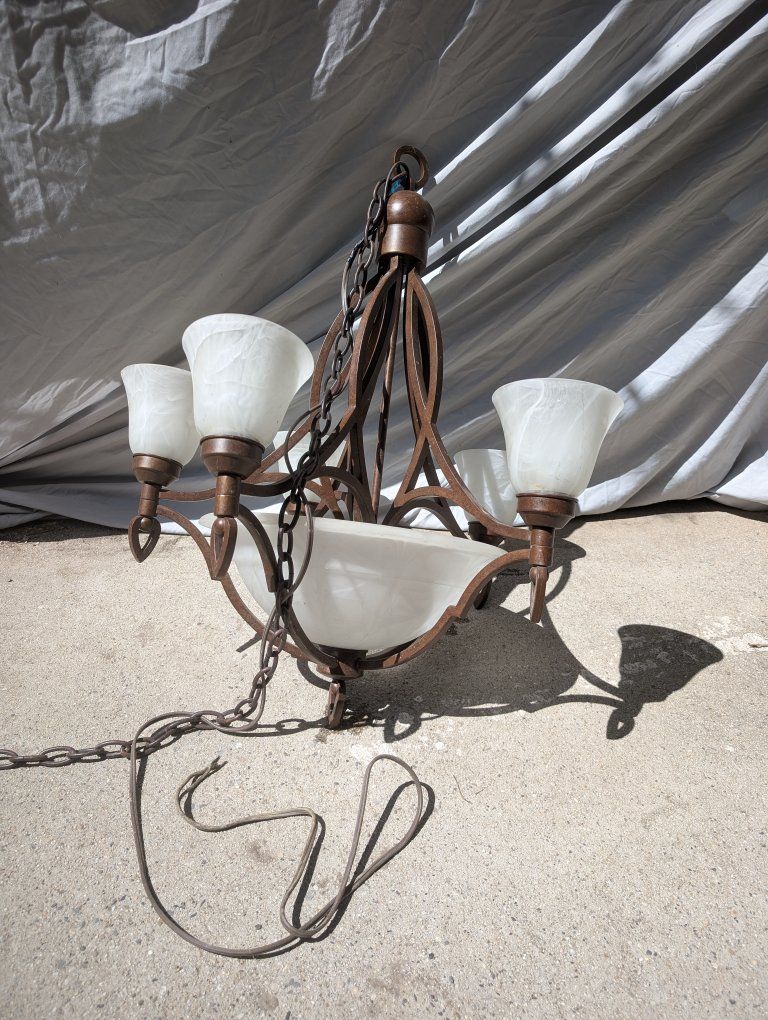 Large Rustic 5-Light Chandelier with Glass Shades