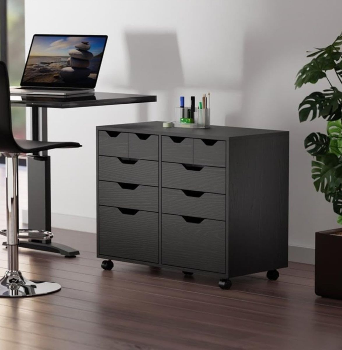 Black Wood Rolling Storage Cabinet with 8 Drawers and 2 Doors, 32.1"W x 26.3"H