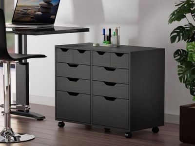 Black Wood Rolling Storage Cabinet with 8 Drawers and 2 Doors, 32.1"W x 26.3"H