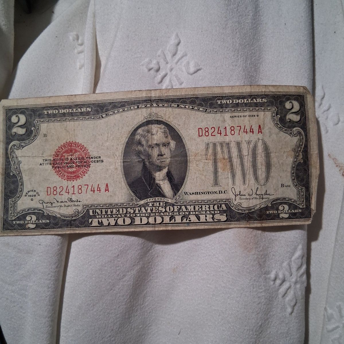 Vintage US Two Dollar Bill Series of 1928 G Red Seal Legal Tender Note