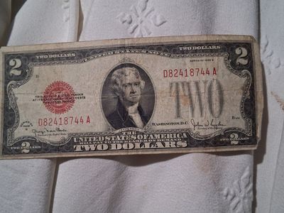 Vintage US Two Dollar Bill Series of 1928 G Red Seal Legal Tender Note