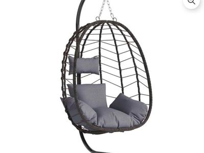New Hanging Egg Chair with Stand – Outdoor/Indoor Wicker Swing Chair, Brown/Gray #374