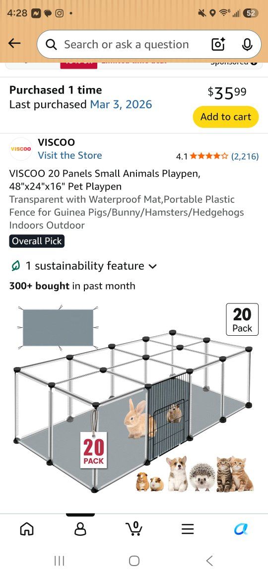 20-PANEL SMALL ANIMAL PLAYPEN + WATERPROOF MAT - $25