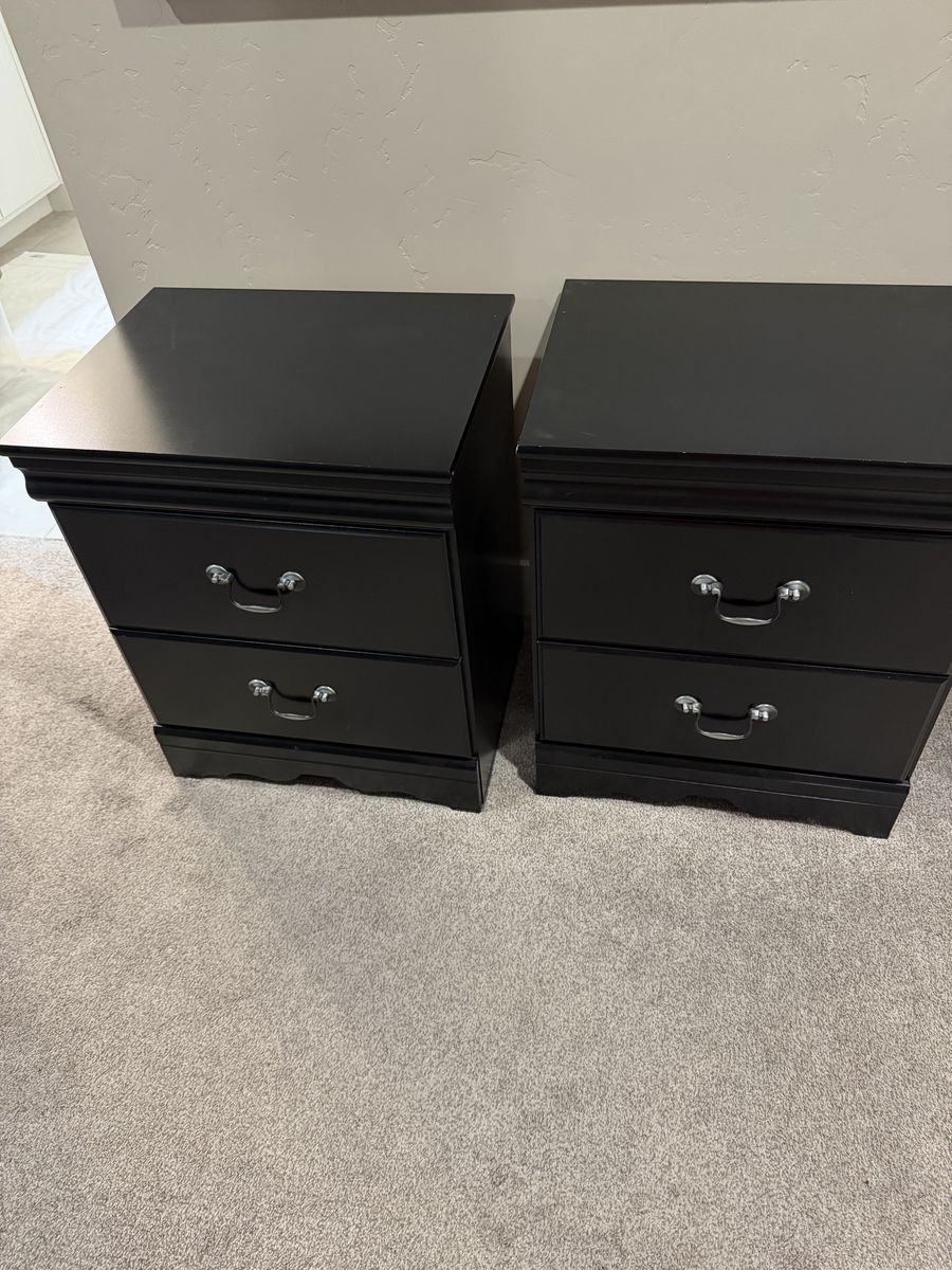 Pair of Black 2-Drawer Nightstands with Silver Hardware