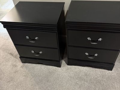 Pair of Black 2-Drawer Nightstands with Silver Hardware