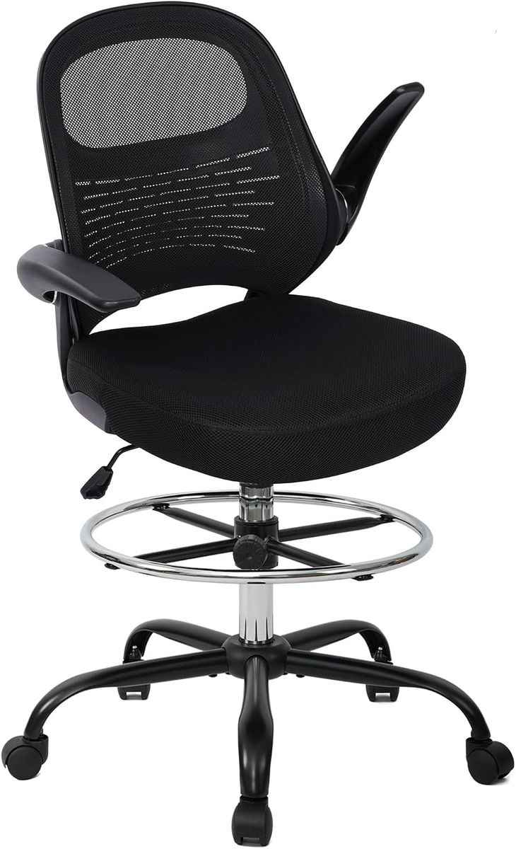 Tall Office Chair with Flip-Up Armrests, Lumbar Support Adjustable Footrest, Black