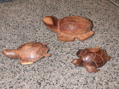 Set of 3 Hand-Carved Wooden Turtle Figurines - Nautical Beach Decor