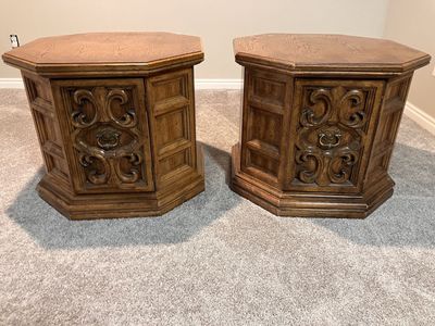 Vintage Octagonal Wooden End Tables with Storage Cabinets - Set of 2