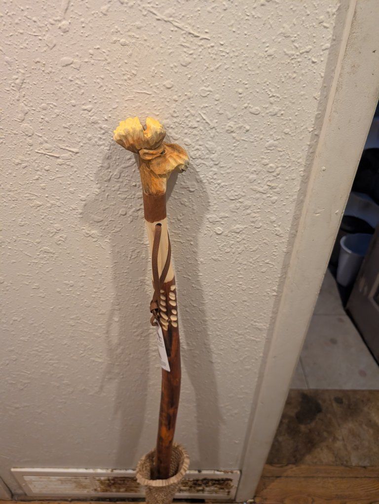 Unique Hand-Carved Moose Head Walking Stick - Rustic Wood Design