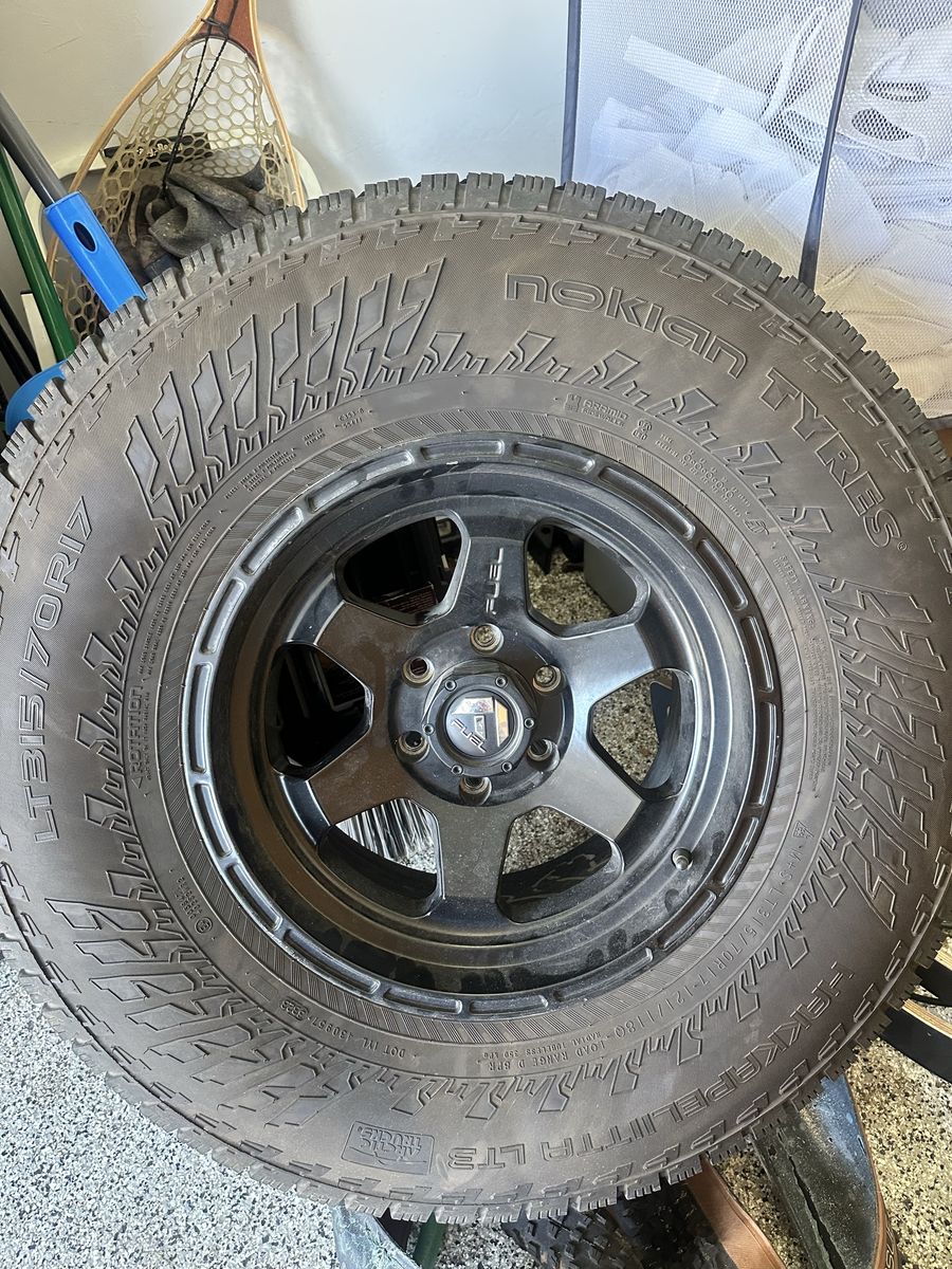 set of 4 - Fuel Wheels w/35” Nokian LT studded snowtires on 17x9 fuel shok wheels for f150 trucks 6x135