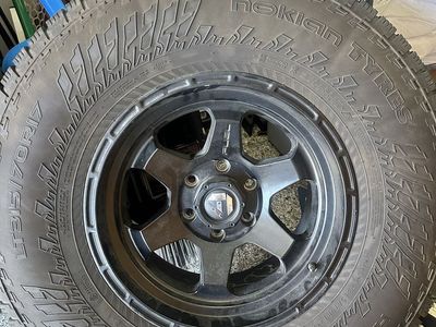 set of 4 - Fuel Wheels w/35” Nokian LT studded snowtires on 17x9 fuel shok wheels for f150 trucks 6x135