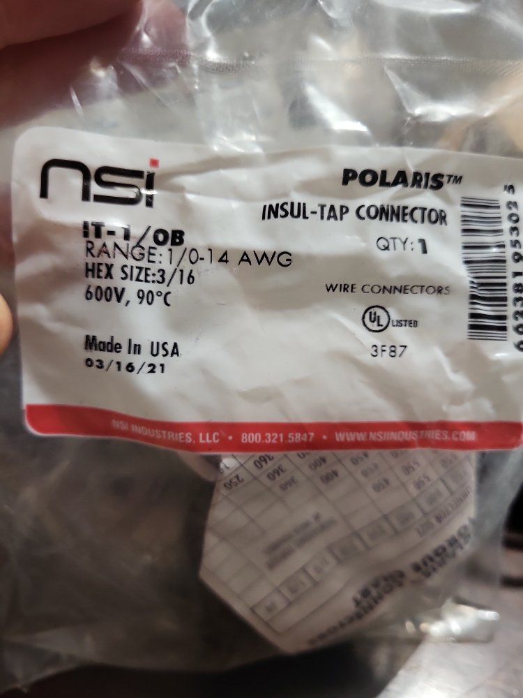 NSI Polaris IT-1/0B Insulated Tap Connector 1/0-14 AWG 600V 90°C Hex 3/16 (2-Pack)