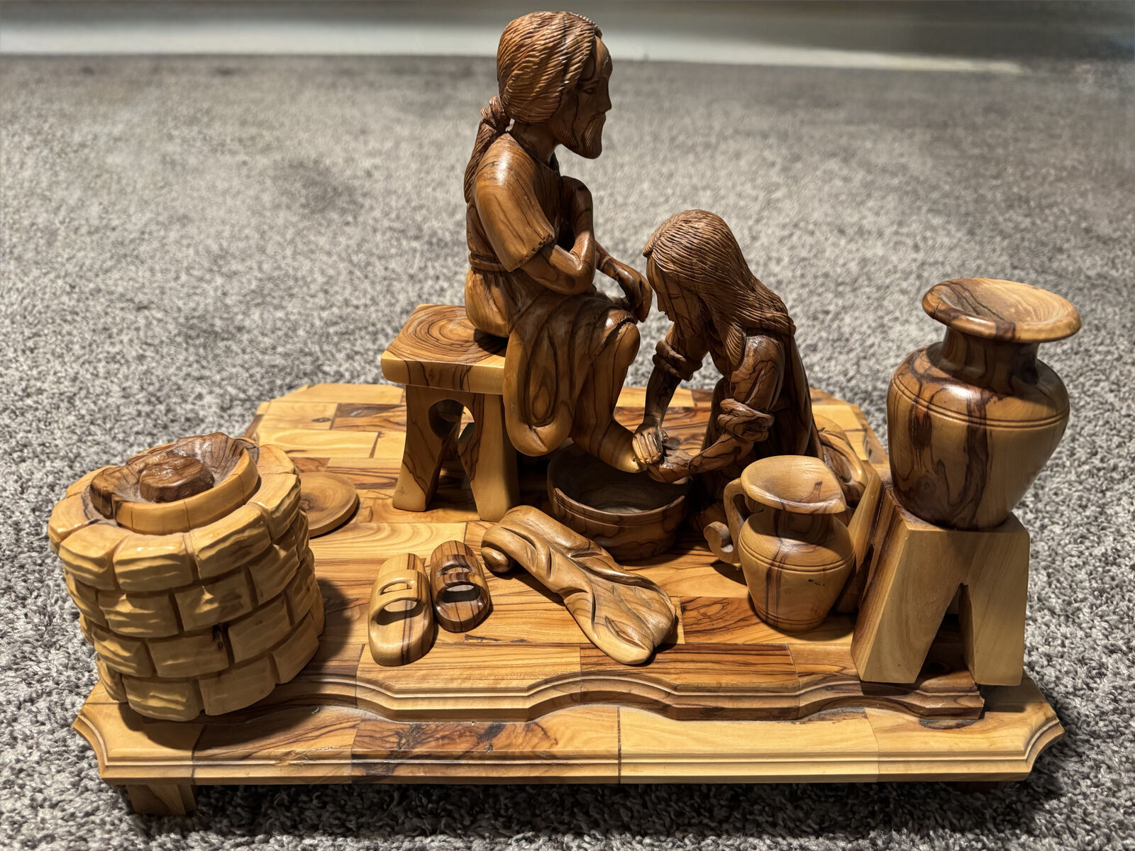 Hand-Carved Olive Wood Holy Land Sculpture – Jesus Washing Feet