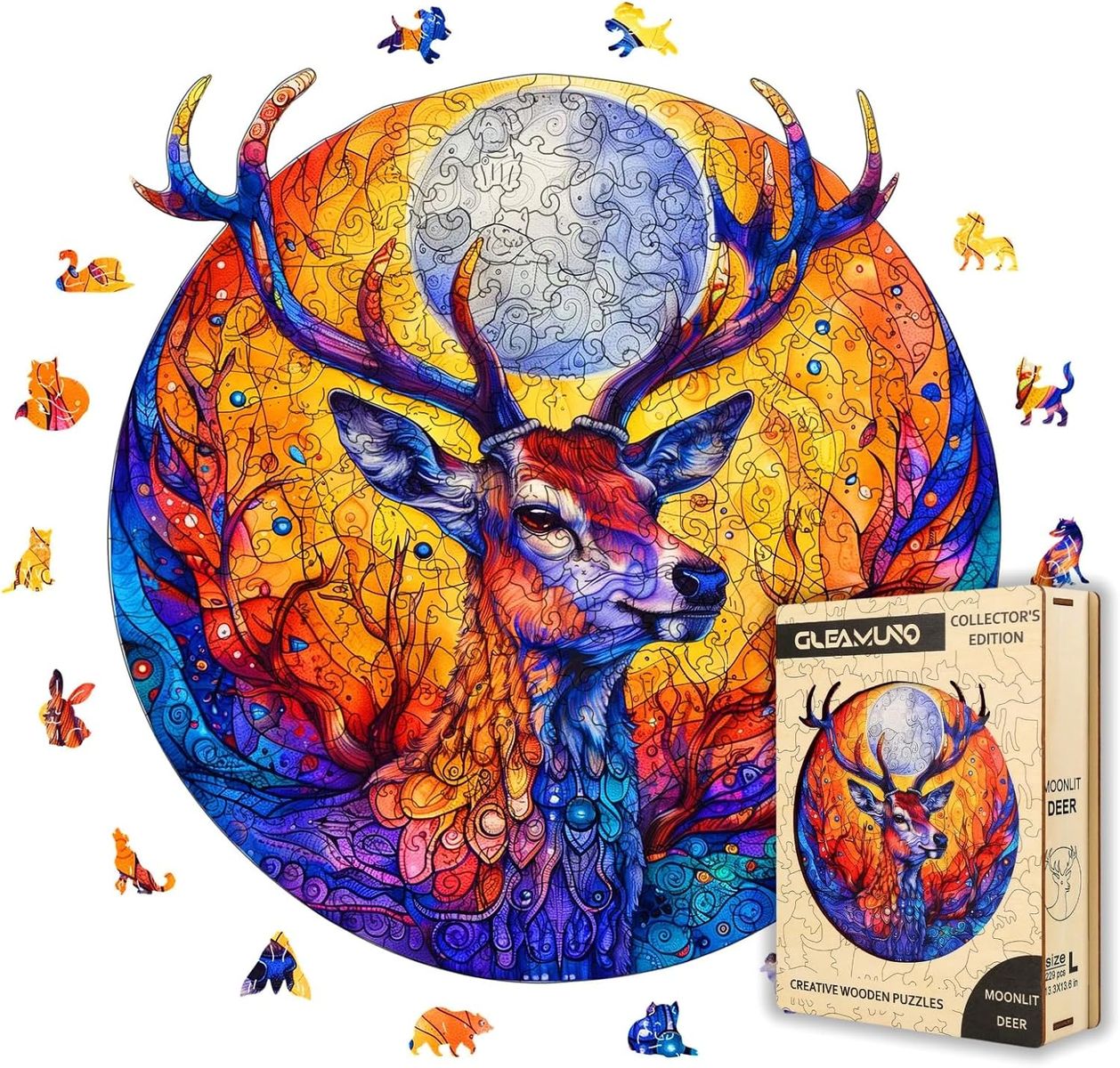 NEW Moonlit Deer Wooden Jigsaw Puzzles for Adults – 229 Pcs, 13.3" x 13.6", Irregular Shapes, Hand-Painted Masterpiece