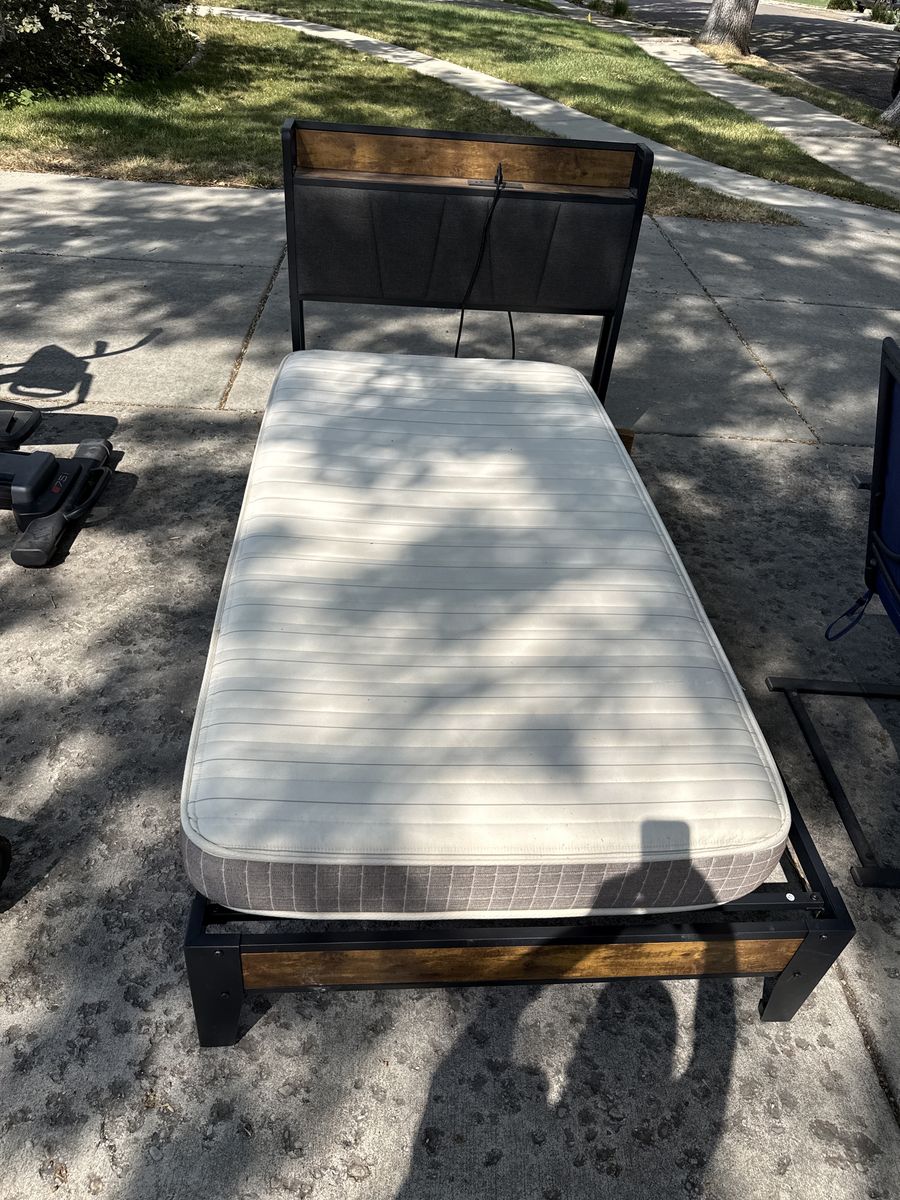 Twin Metal & Wood Platform Bed Frame with Headboard Storage and Mattress