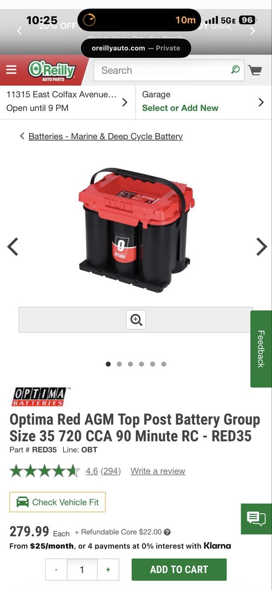 Optima RedTop AGM Starting Battery Group Size 35 720 CCA - Model 35 / RED35